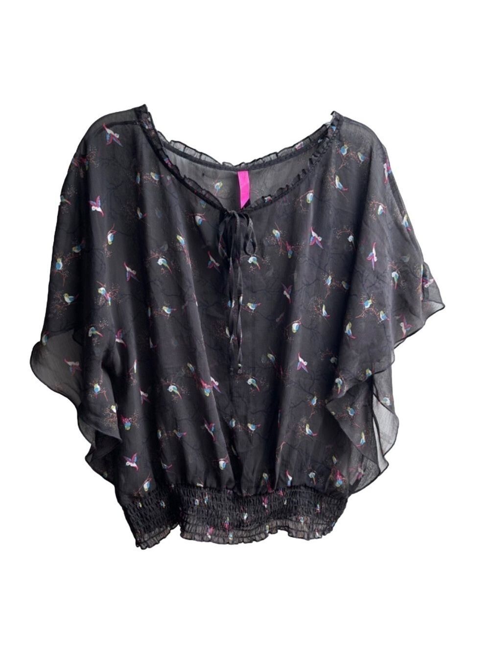 Pure Energy Sheer Lightweight Bat Wing Sleeves & Birds  Blouse